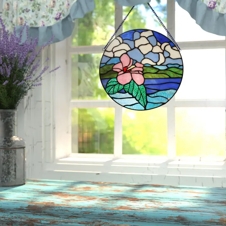 Jamie Blue Tropical Hibiscus Stained Glass Window Pane - 12-in