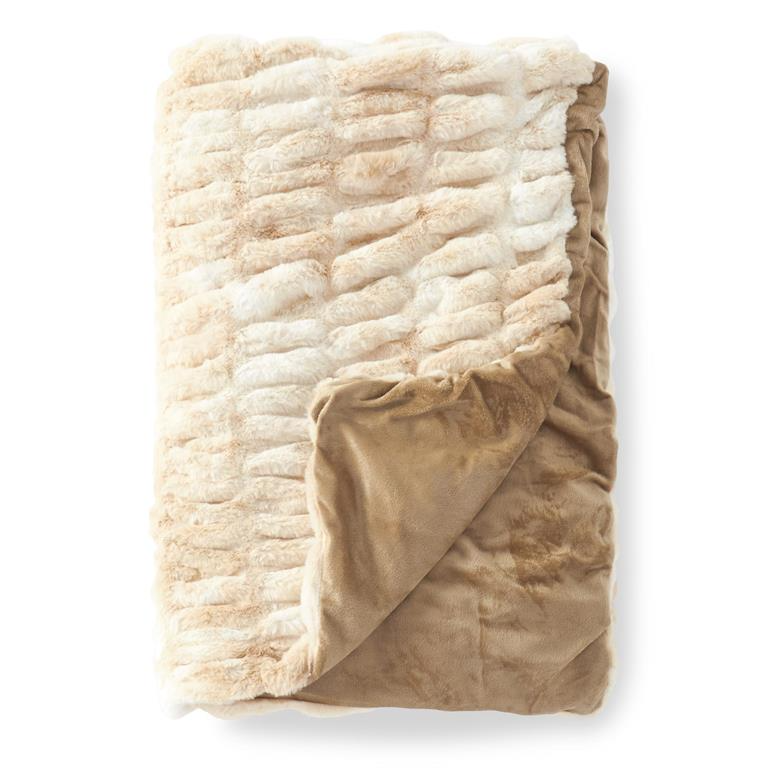 Luxury Cream and Tan Faux Fur Ribbed Throw Blanket- 60-in - Mellow Monkey