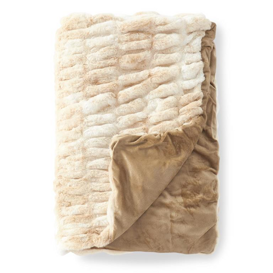 Luxury Cream and Tan Faux Fur Ribbed Throw Blanket- 60-in - Mellow Monkey
