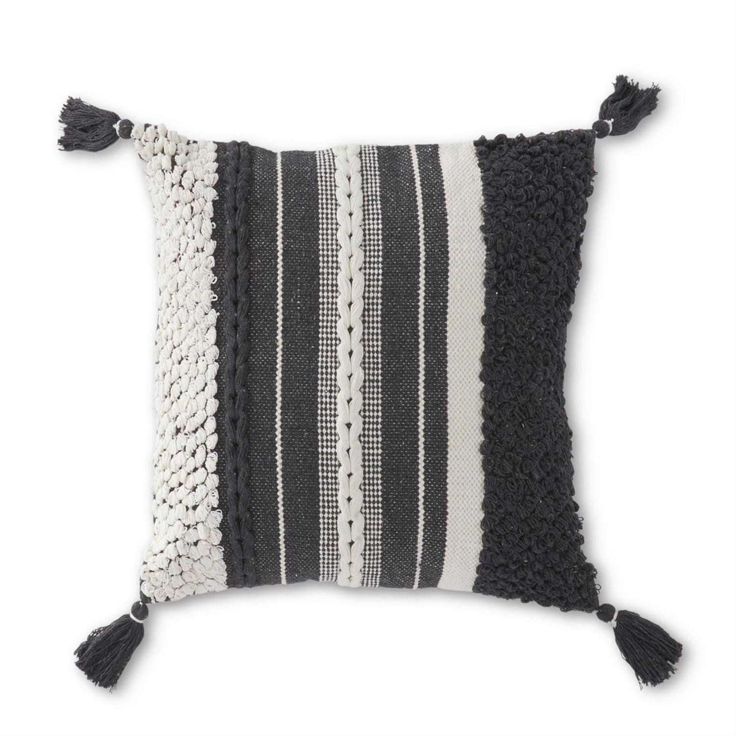 Gray and Cream Loom Woven Pillow with Tassels - 20-in - Mellow Monkey