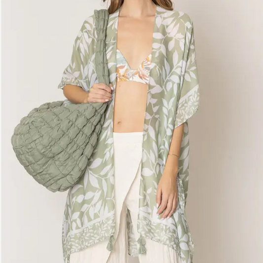 Leaf Print Tassel Kimono - Sage
