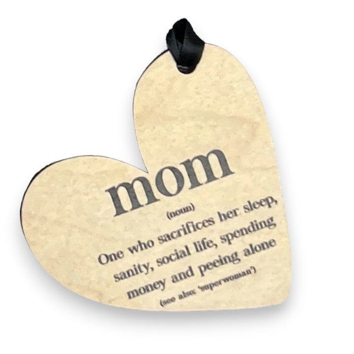 Mom (noun) - Heart Shaped Wood Ornament - 3-in - Mellow Monkey