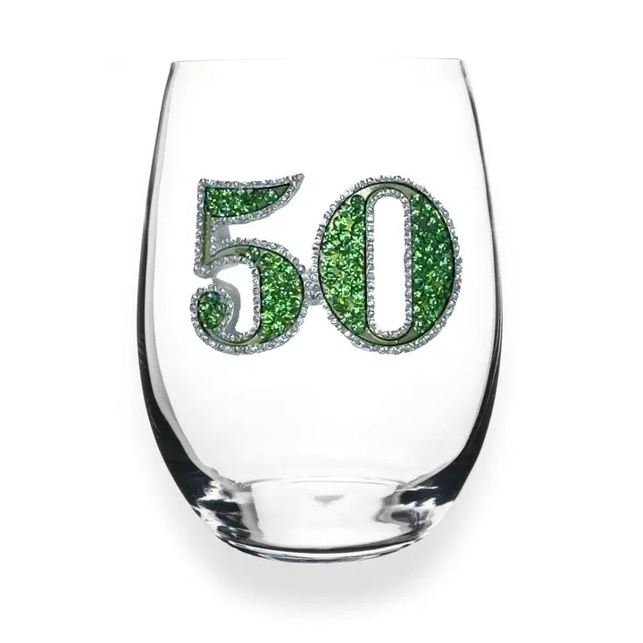 50 year old birthday drink glasses 50th Birthday Jeweled Stemless Wine Glass