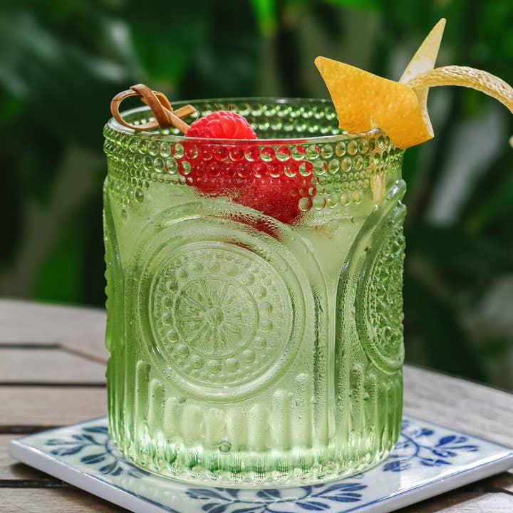 Beaded Textured Old Fashioned Drinking Glass - 10 oz. - Sage Green