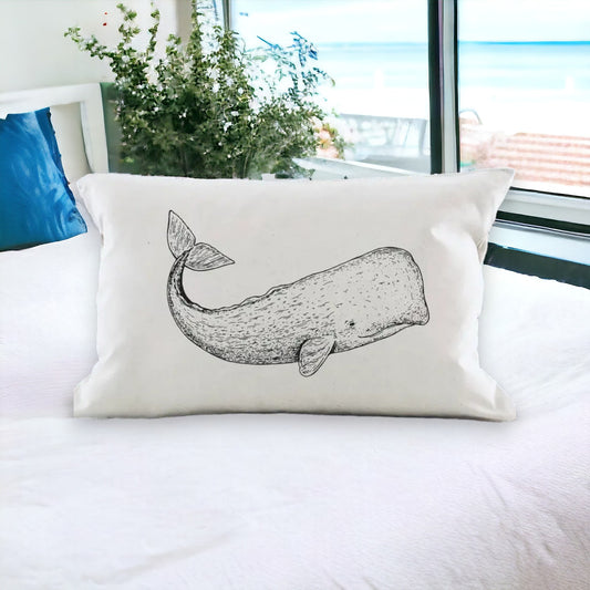 Whale - Natural Canvas Coastal Lumbar Pillow - 12-in x 20-in - Mellow Monkey