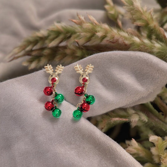 Gold Rudolph with Holiday Bells Holiday Earrings