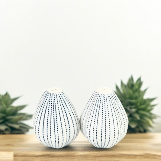 Champa Salt And Pepper Shaker - White with Dotted Blue Lines - Mellow Monkey