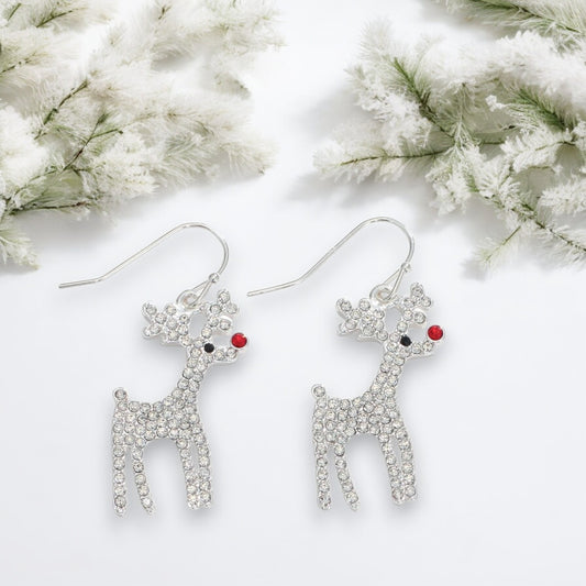 Silver Snowflake With Crystal Red Nosed Reindeer Holiday Earrings - Mellow Monkey