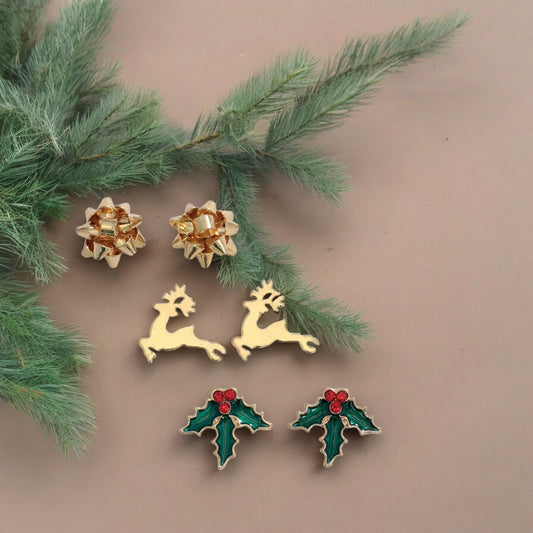 Holiday Trio Earrings: Bows, Reindeer and Holly - Mellow Monkey
