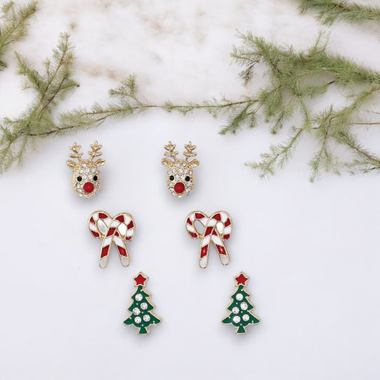 Holiday Trio Earrings: Gold Reindeer Head, Double Candy Canes, and Rhinestone Christmas Trees - Mellow Monkey