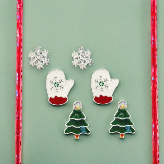 Holiday Trio Earrings: Silver Snowflakes, White Snow Mittens, and Green Christmas Trees - Mellow Monkey