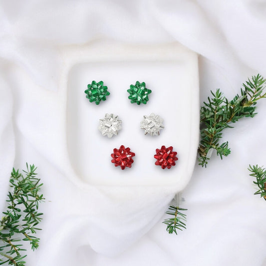 Green, Silver and Red Bow Trio Holiday Earrings