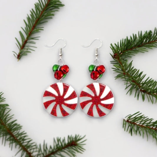 Peppermint Candy With Jingle Bells Holiday Earrings