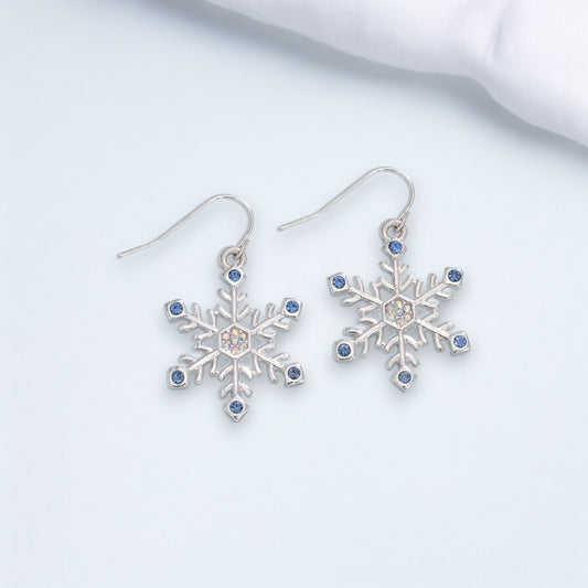 Silver Snowflakes With Ice Blue Crystals Holiday Earrings