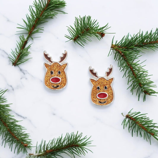 Happy Glitter Rudolph Reindeer Holiday Earrings