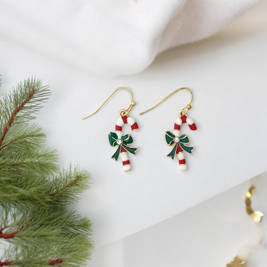 Enameled Candy Canes With Bow Holiday Earrings