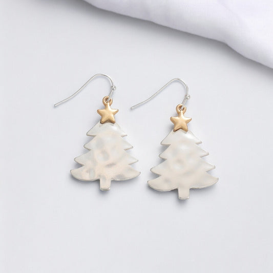 Two-Tone Hammered Matte Christmas Tree Holiday Earrings