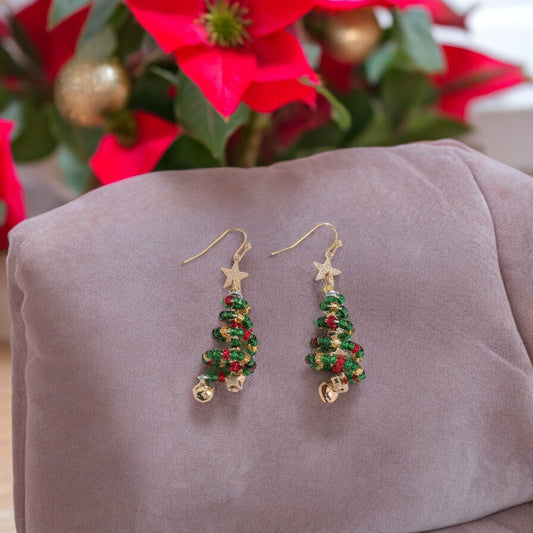 Beaded Christmas Tree with Bells Holiday Earrings