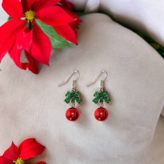 Green Glitter Bow and Ornament Holiday Earrings