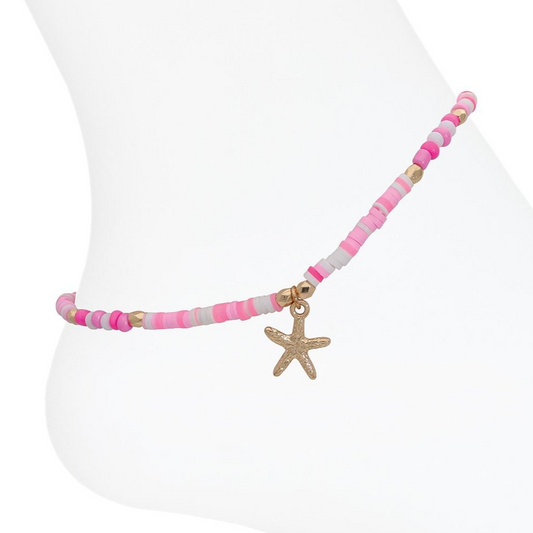 Gold Starfish with Pink Beads - Anklet