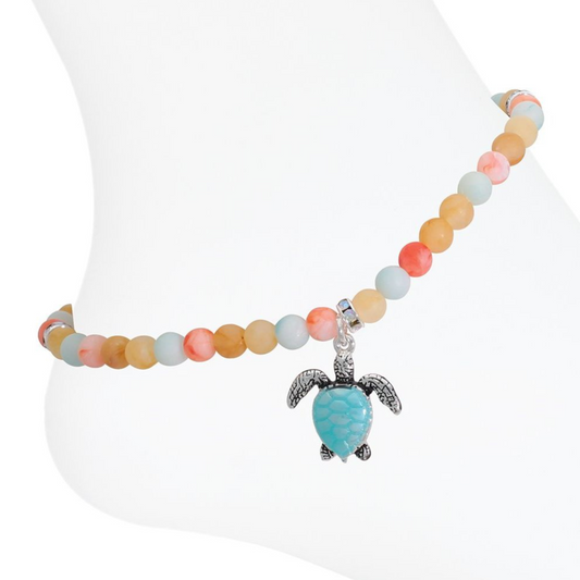 Aqua Turtle with Multi-colored Beads - Anklet