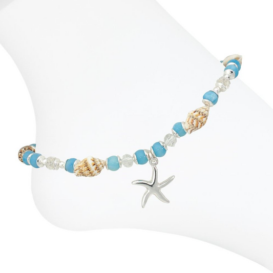 Starfish with Blue Beads and Shells- Anklet