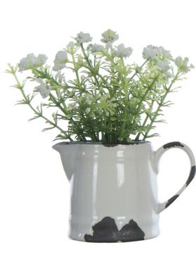 Faux Flowering Plant in Stoneware Pitcher- Distressed White Finish - 5-1/2-in - Mellow Monkey