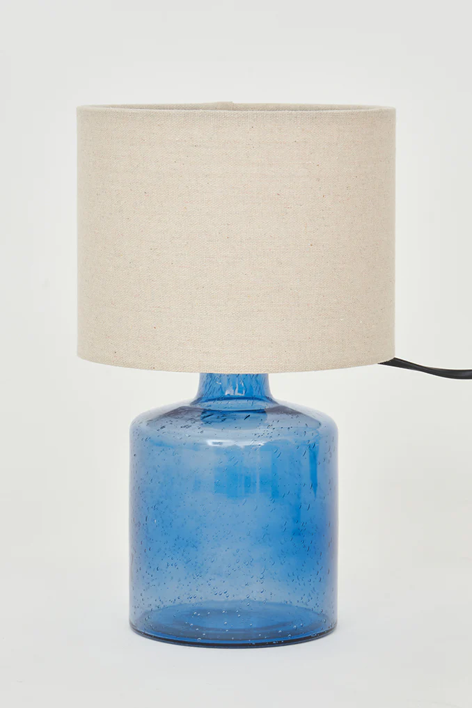 Small Blue Bubble Glass Lamp With Canvas Shade - 11-1/2-in - Mellow Monkey