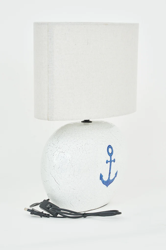 Large White Terracotta Lamp With Blue Anchor - 21-in - Mellow Monkey
