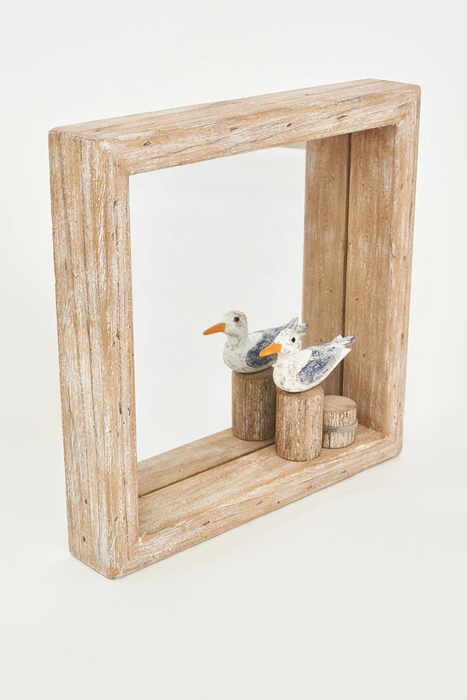 Driftwood Mirror With Gull On Coastal Piling - Square 13.3-in - Mellow Monkey