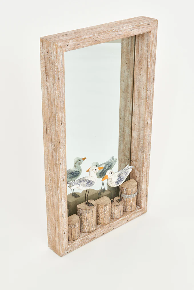 Driftwood Mirror With Two Gulls On Coastal Piling - Rectangular 23-1/2-in - Mellow Monkey