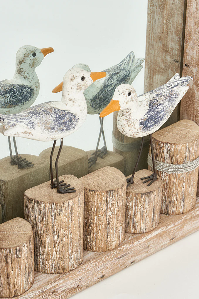 Driftwood Mirror With Two Gulls On Coastal Piling - Rectangular 23-1/2-in - Mellow Monkey