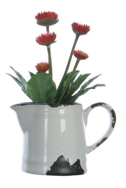 Faux Flowering Plant in Stoneware Pitcher- Distressed White Finish - 5-1/2-in - Mellow Monkey