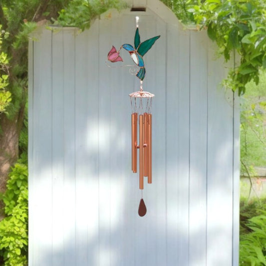 Hummingbird with Pink Flower Wind Chime - 9-in
