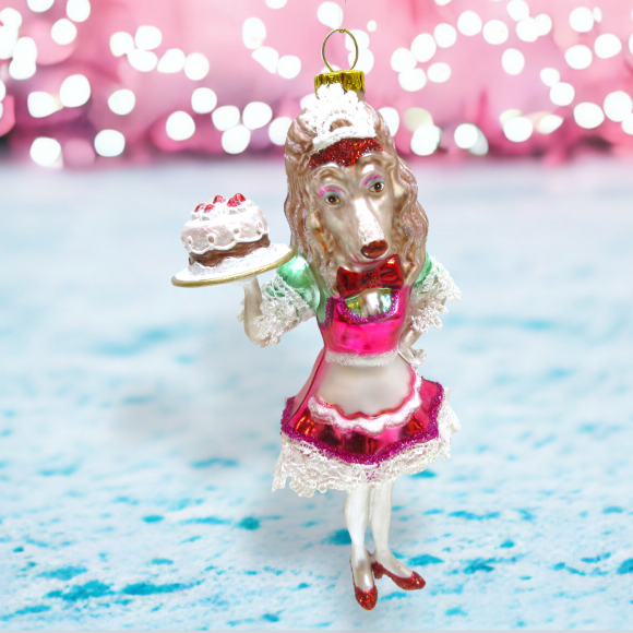 Ms. Dog Waitress with Cake - December Diamonds Holiday Ornament