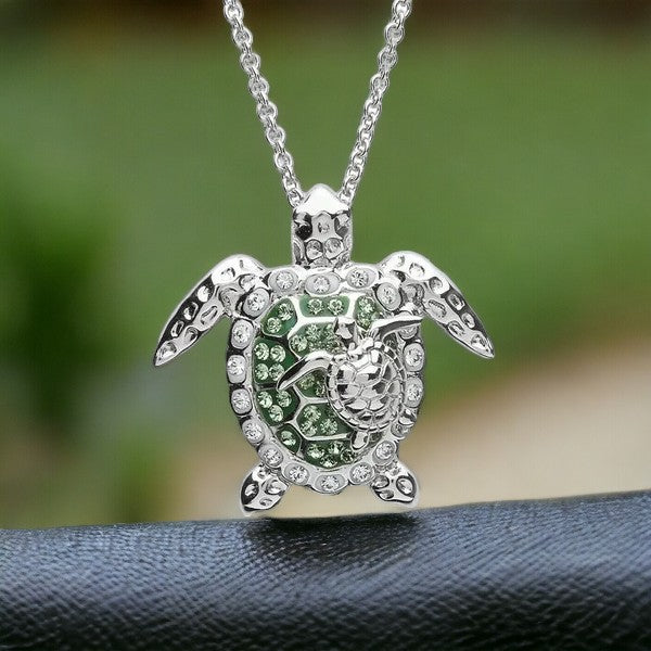 sterling silver mother and baby turtle pendant on silver necklace chain