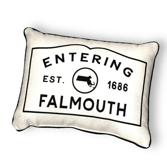 Falmouth Massachusetts Town Sign Throw Pillow with Black Piping - 19-inch - Mellow Monkey