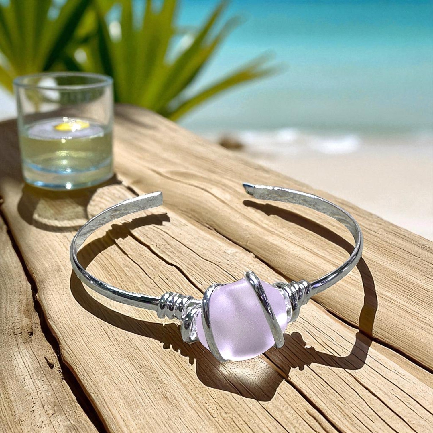 lavender sea glass cuff bracelet