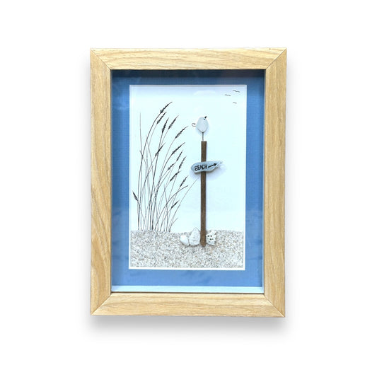 Sea Glass Bird on a Beach Sign Picture with Real Beach Sand - Framed Mixed Media Handmade Art - Natural Frame with Blue Mat