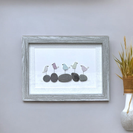 Five Sea Glass Bird Family On Rocks - Framed Mixed Media Handmade Art - Gray with White Mat