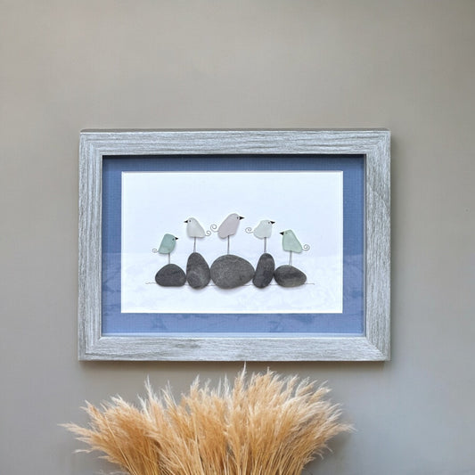 Five Sea Glass Bird Family On Rocks - Framed Mixed Media Handmade Art - Gray with Blue Mat
