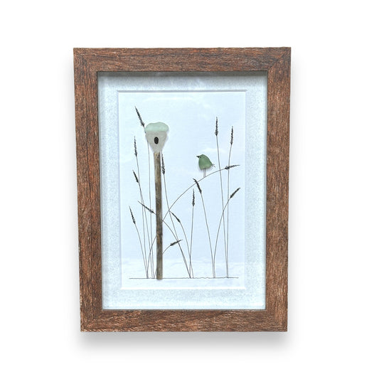Sea Glass Bird with Birdhouse and Marsh Grasses - Brown Frame with Natural Mat