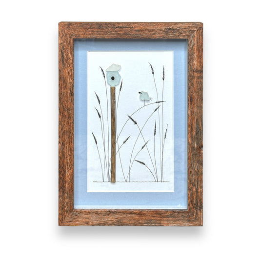 Sea Glass Bird with Birdhouse and Marsh Grasses - Brown Frame with Light Blue Mat