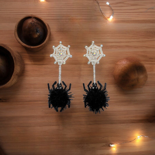 Black Spiders + Pom Poms Halloween Earrings