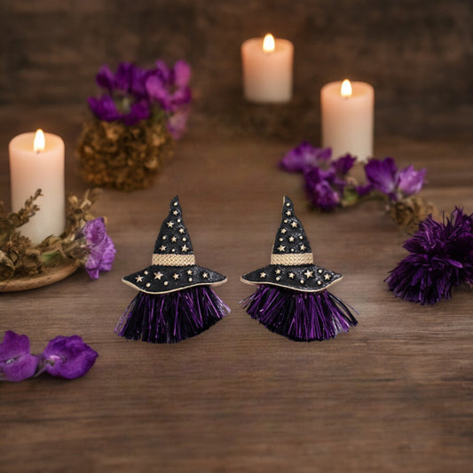 Witch Hats + Purple Fringe Halloween Earrings