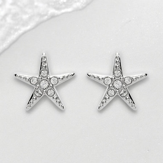 Starfish White Swarovski Crystal Stud Earrings - Sterling Silver - Mellow Monkey