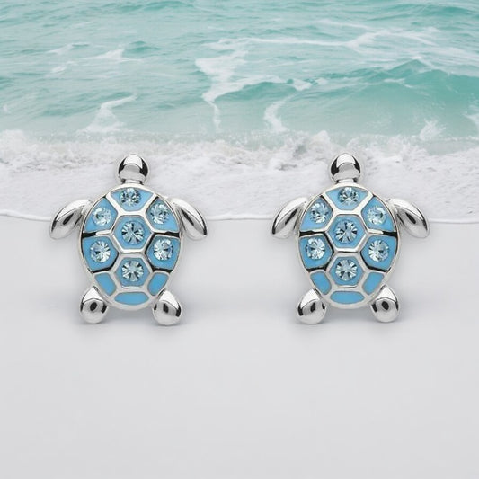 Turtle Aqua Swarovski Crystal Stud Earrings - Sterling Silver