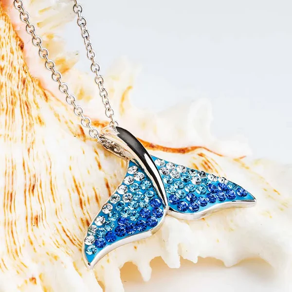 Sterling Silver Whale Tail Necklace with Ombre Blue Crystals
