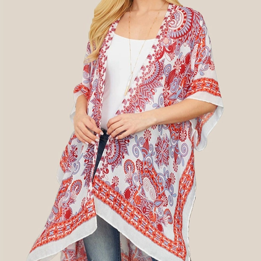 Bohemian Pattern Print Kimono - Red