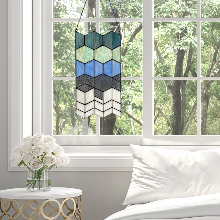 Modern Blue Hexagon high quality Stained Glass Window Hanging, Suncatcher Home Decor